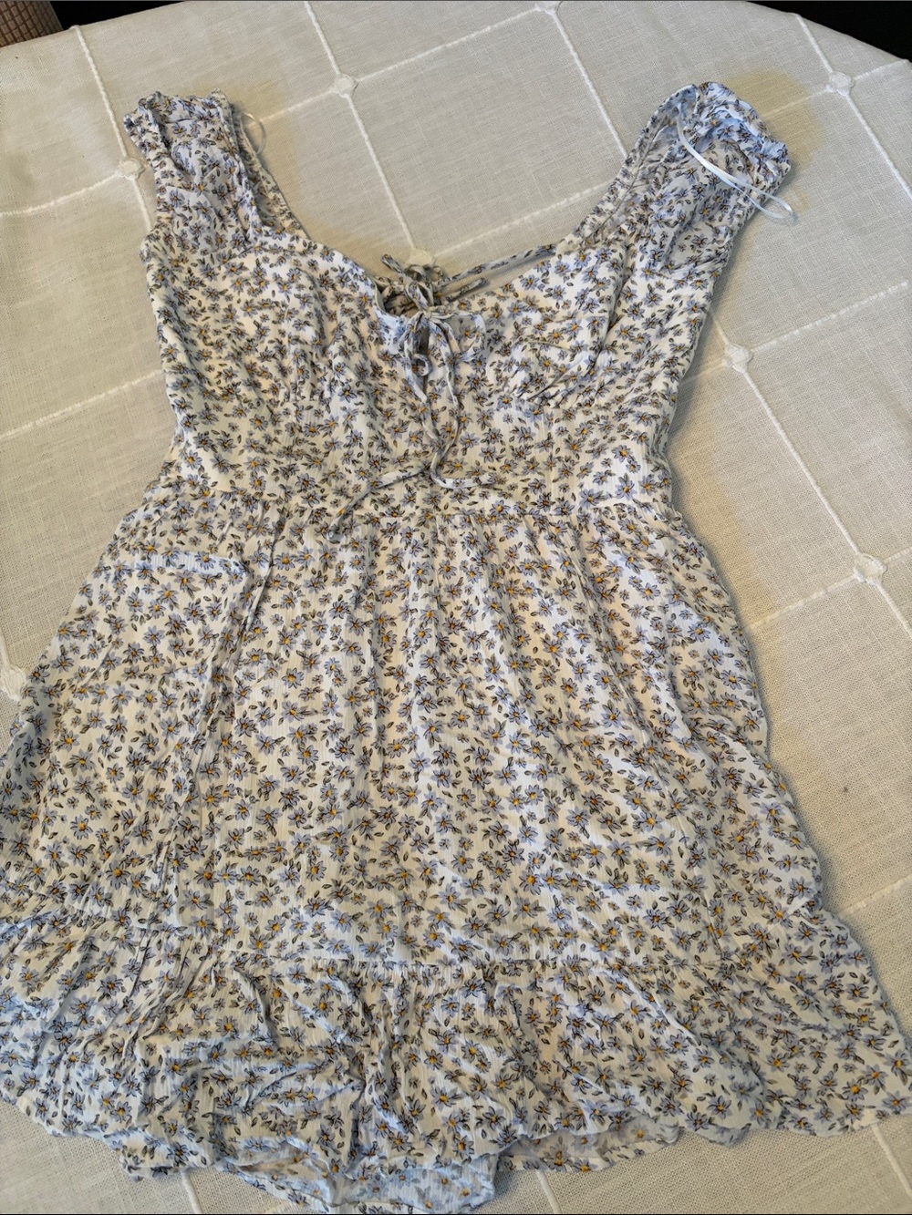 Floral Ruffle Tie-Front Sundress in Cream and Blue romper